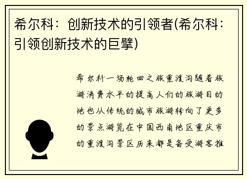 希尔科：创新技术的引领者(希尔科：引领创新技术的巨擘)